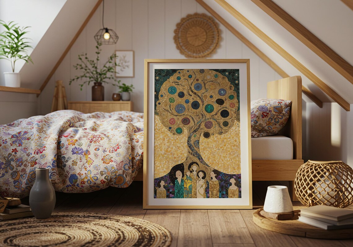 Klimt Inspired Golden Mosaic Tree of Life With Elegant Women Luxury Wall Art - Image 4