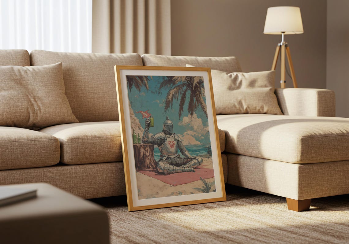 Knight in Full Armor Relaxing on a Tropical Beach with a Drink Poster - Image 5