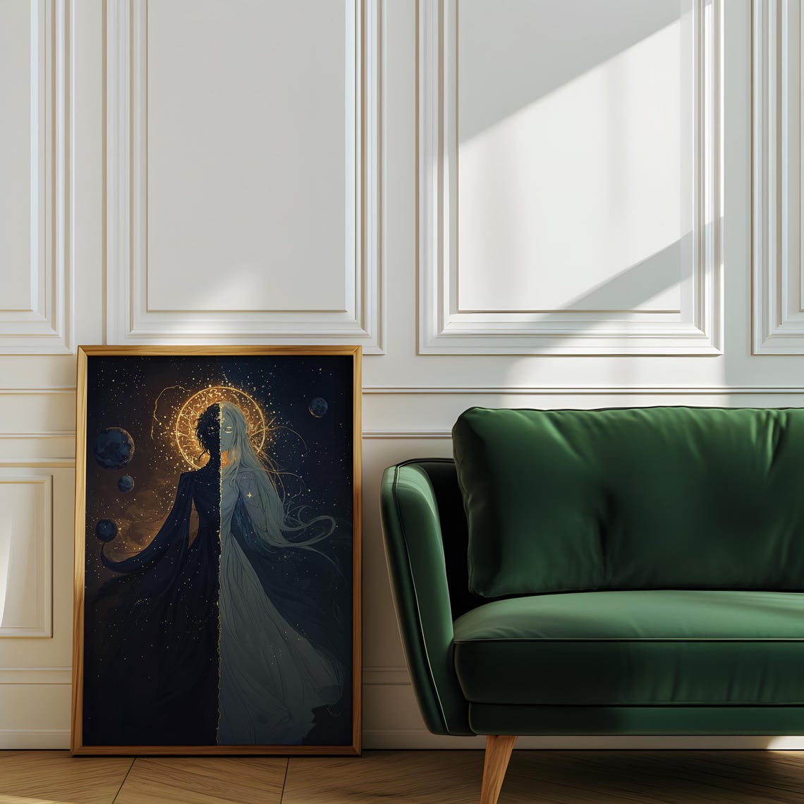 Celestial Goddess Gold Halo Dark Blue Cosmic Portrait Poster - Image 2