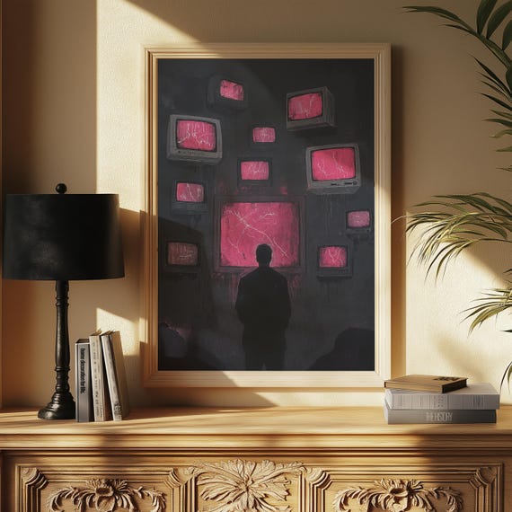 Surreal Tv Screens Art Print Moody Pink Black Abstract Tech Poster