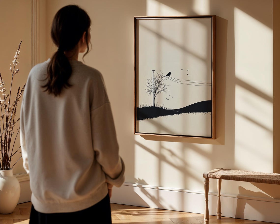Bird on Wire Minimalist Ink Tree Landscape Black Wall Poster - Image 2
