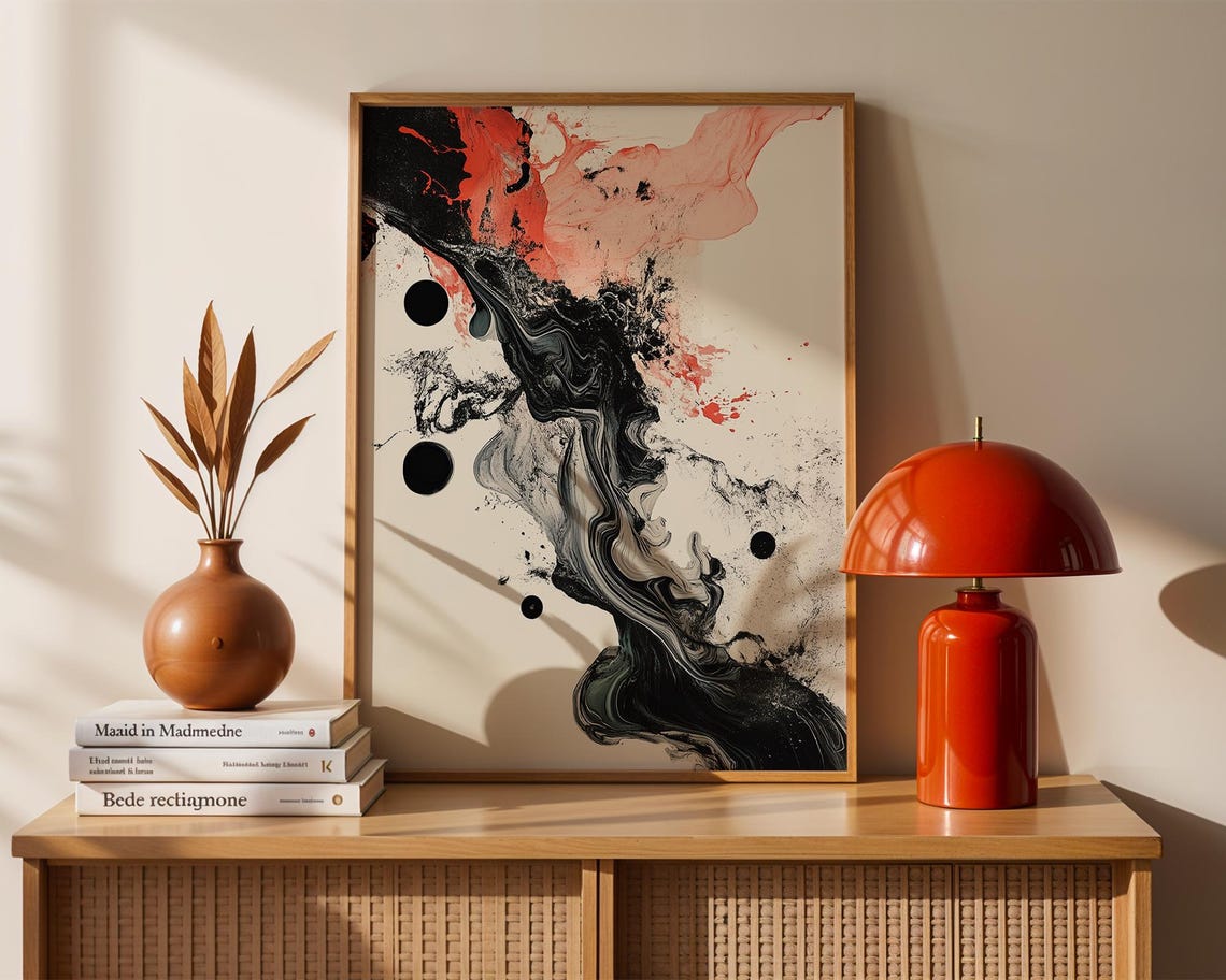 Abstract Ink Fluid Black Red Minimalist Modern Ink Wash Art Print
