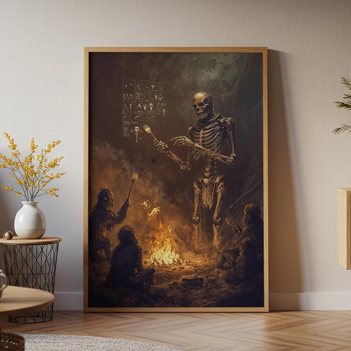 Skeleton Teaching Cavemen Art Print Funny Evolution Wall Surreal Campfire Poster