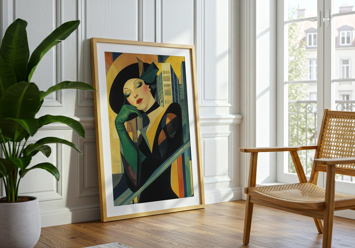 Art Deco Glamour Woman Green Gloves Cloche Hat Geometric City Portrait Wall Art - Image 2