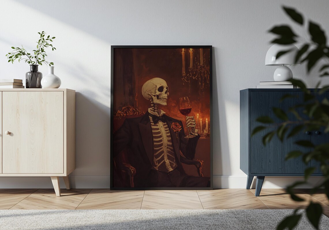 Skeleton Gentleman Tuxedo Raising Wine Glass Candlelight Gothic Humor Wall Art - Image 4