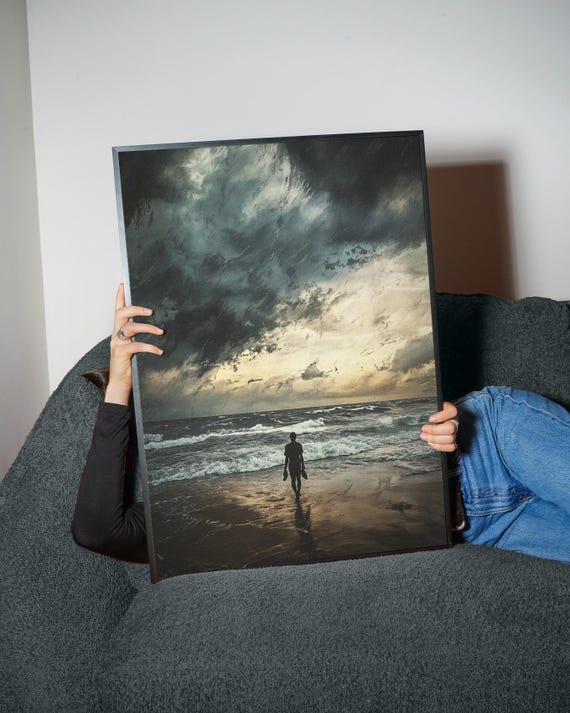 Stormy Beach Walk Art Print Moody Ocean Sunset Poster Dramatic Seascape Wall