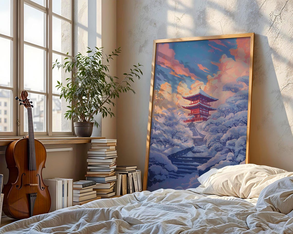 Red Pagoda Above Clouds Stone Steps Pink Sky Anime Landscape Poster - Image 5