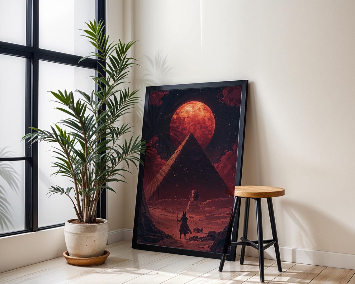 Blood Moon Pyramid Night Desert Anubis Figure Egypt Mythology Poster - Image 2