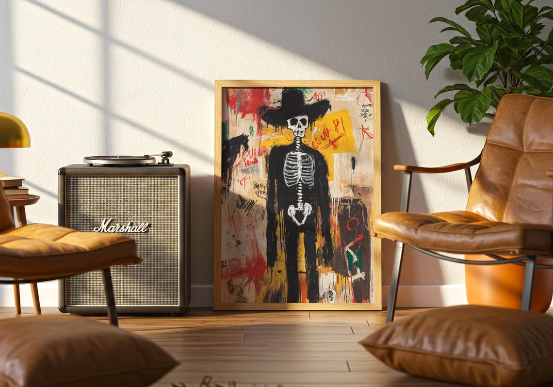 Skeleton Cowboy Graffiti Street Art Bold Neon Western Skull Poster - Image 3