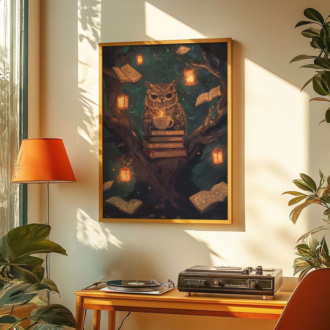 Wise Owl with Glasses Reading Books Among Glowing Lanterns Poster - Image 3