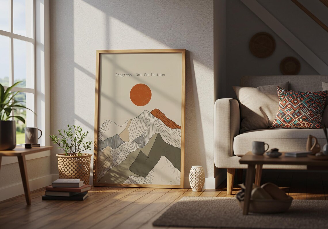 Progress Not Perfection Quote Mountain Sun Minimalist Inspire Poster - Image 4