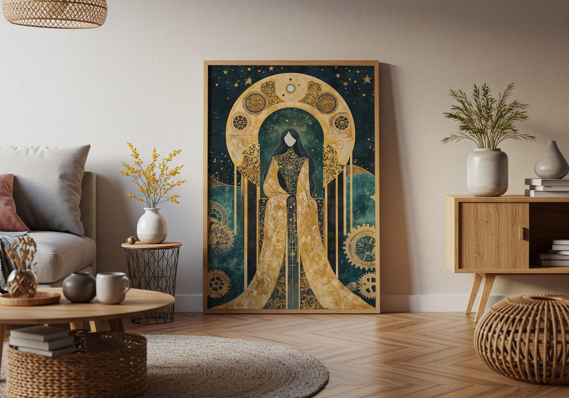 Art Deco Celestial Goddess Art Print Gold Teal Mystical Woman Decor - Image 2