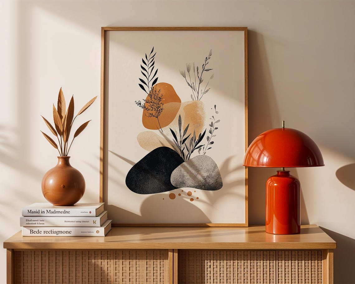 Terracotta Botanical Abstract Art Print Black Leaves Boho Wall Decor