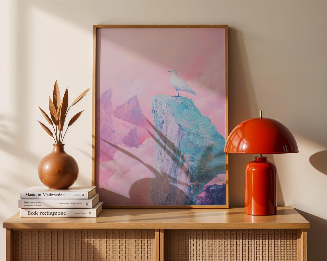White Seagull Icy Cliff Pink Sky Serene Bird Art Wall Poster