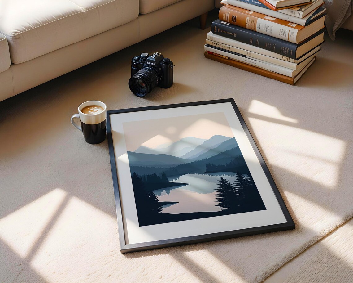 Misty Pine Forest Valley with Calm Lake Mirror Reflection Poster - Image 2
