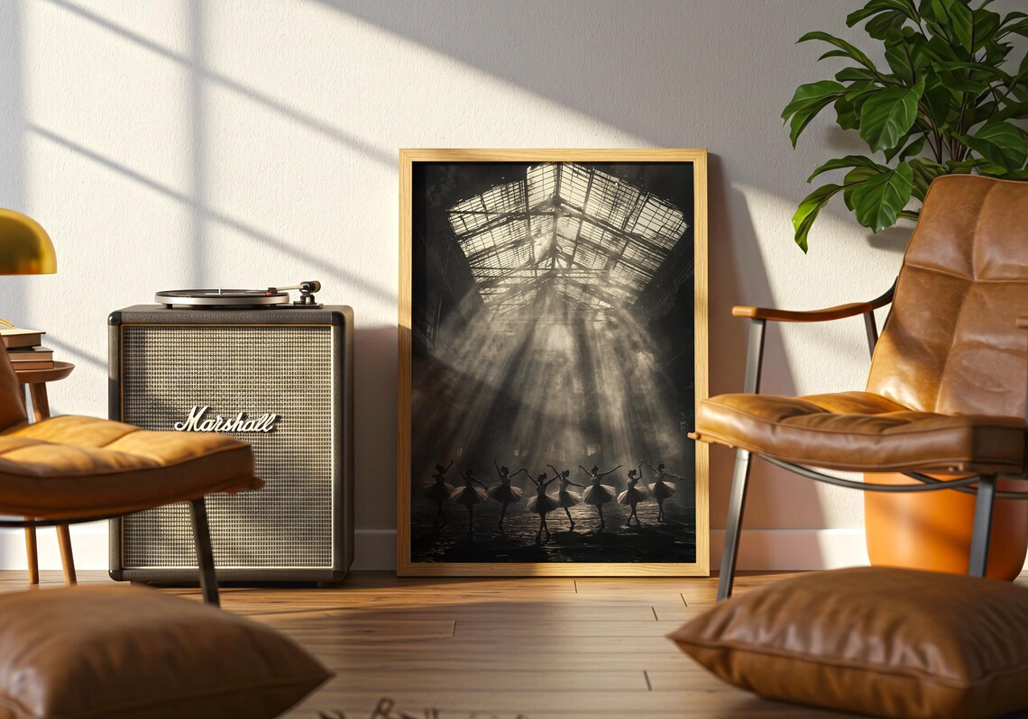 Ballet Dancers Silhouetted in Sunbeams Inside an Industrial Loft Poster - Image 4