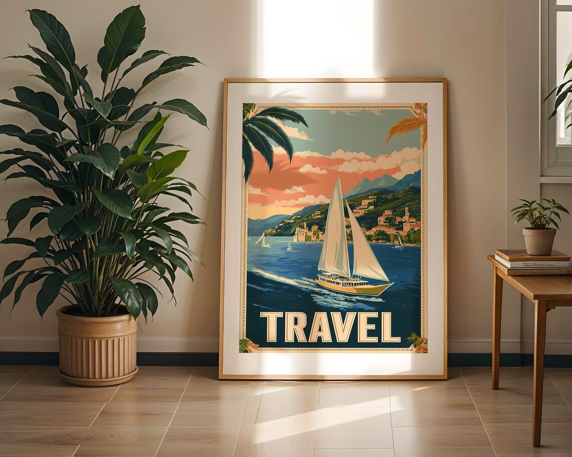 Vintage Coastal Sailing Mediterranean Seaside Travel Art Poster