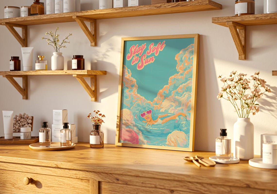 Retro Pool Girl Art Print Stay Soft In Sun Poster Pastel Summer Floating Wall - Image 4