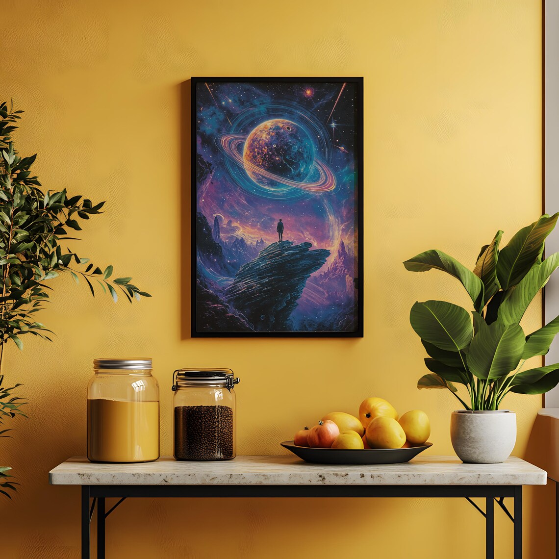 Ringed Planet Cosmic Vista Lone Figure Alien Landscape Sci Fi Poster - Image 3
