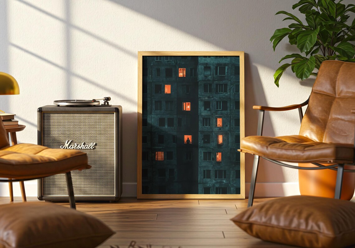 Silhouette Figure Glowing Orange Windows Night Apartment Urban Poster - Image 5