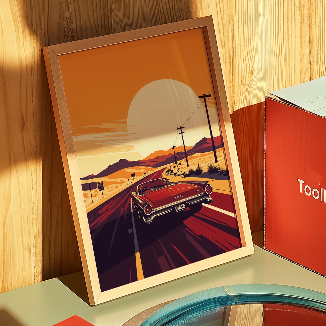 Classic Convertible Desert Highway Sunset Retro Drive Art Poster - Image 5