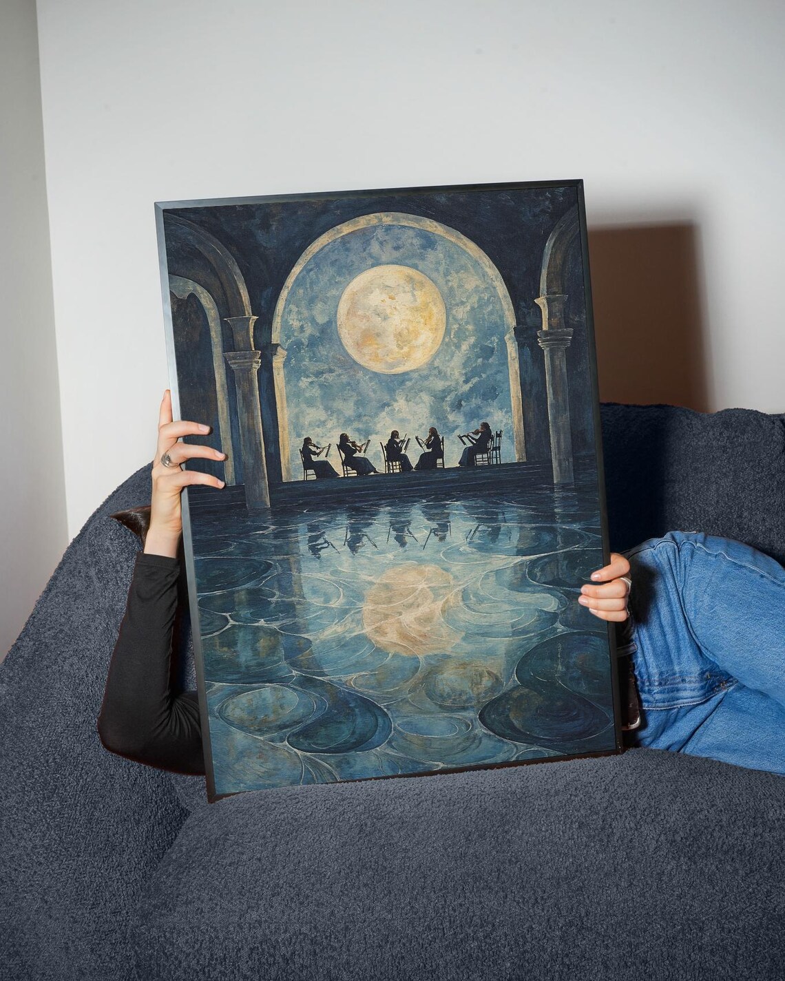 Moonlit Orchestra Concert Night Art Print Full Moon Water Painting