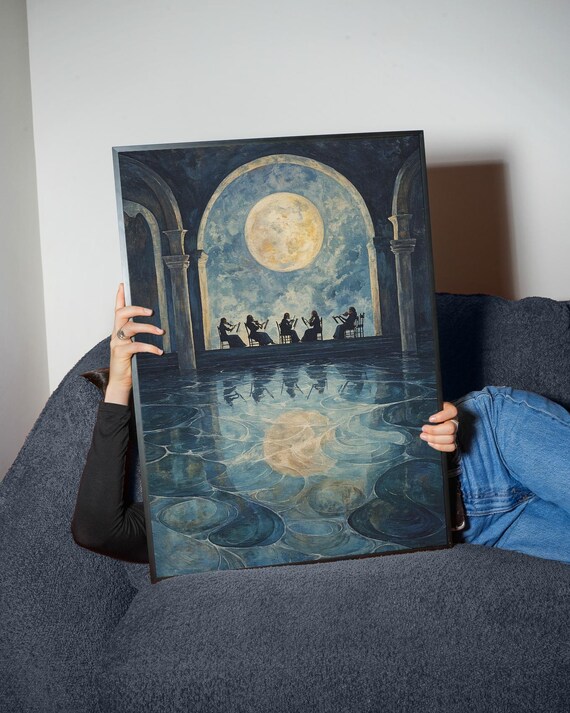 Moonlit Orchestra Concert Night Art Print Full Moon Water Painting