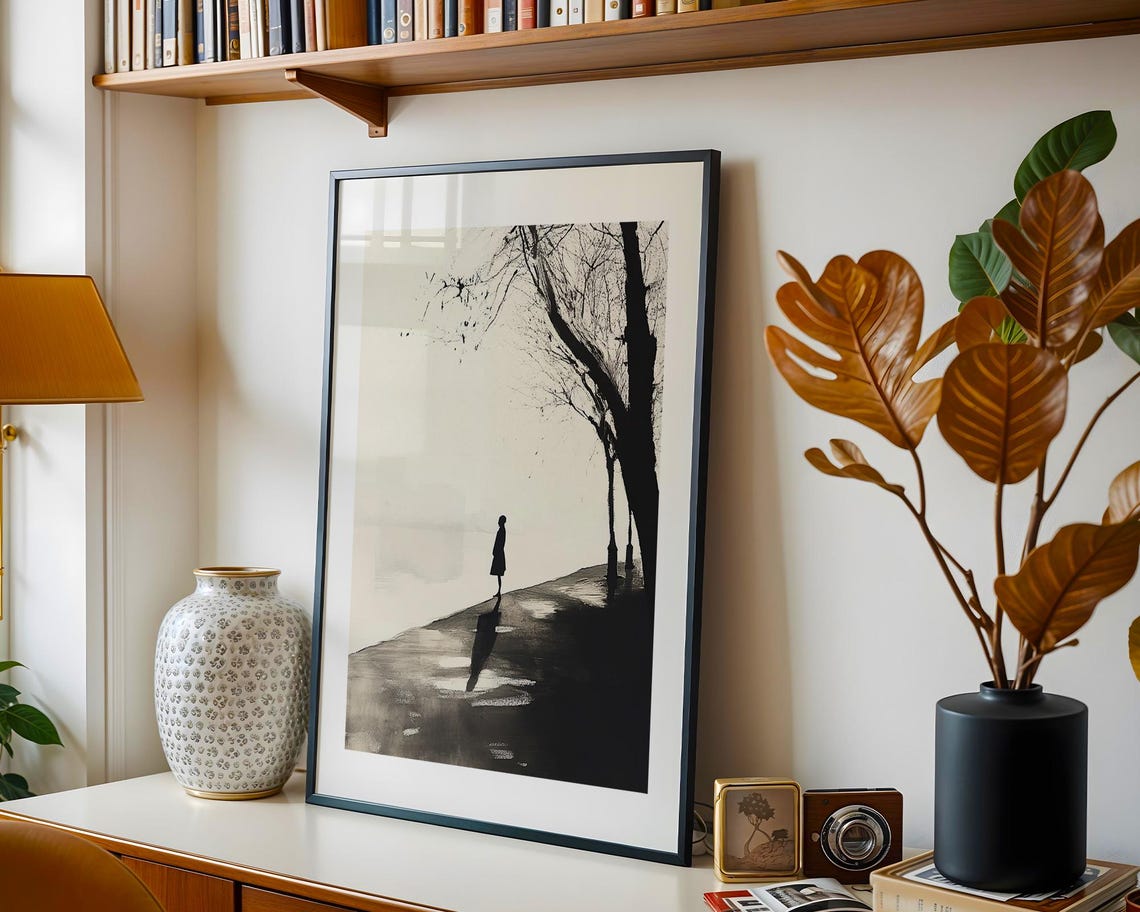Lone Walker Minimalist Ink Landscape Black White Wall Poster - Image 5