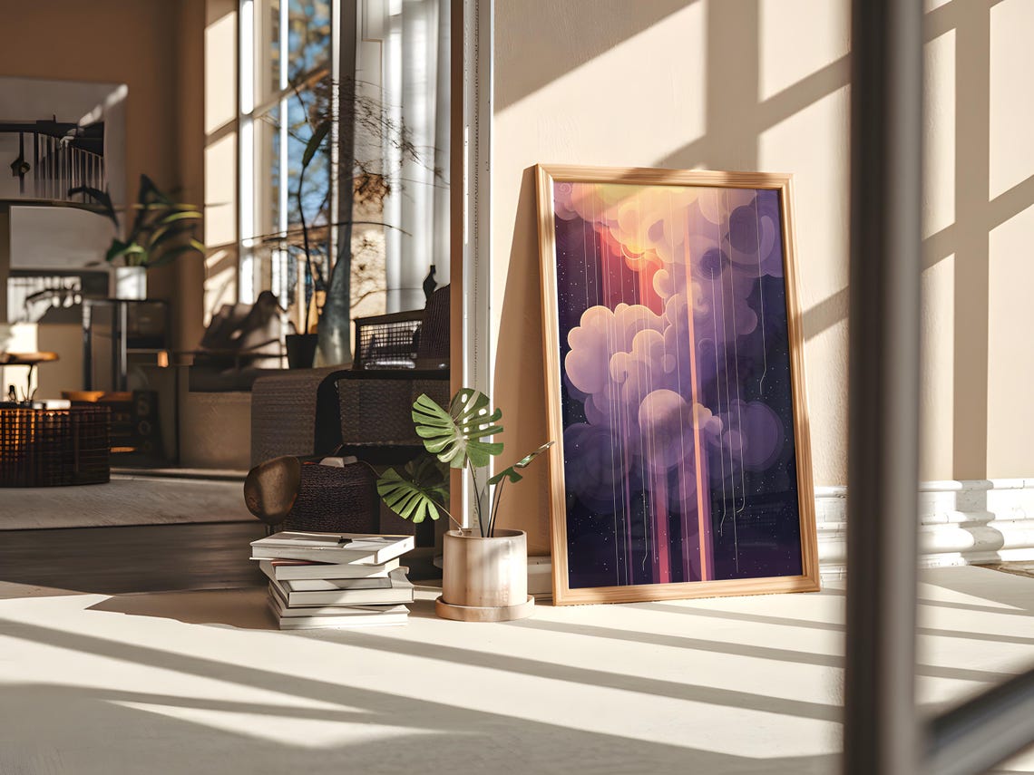 Purple Rain Clouds Cosmic Light Streaks Surreal Dreamy Poster - Image 3