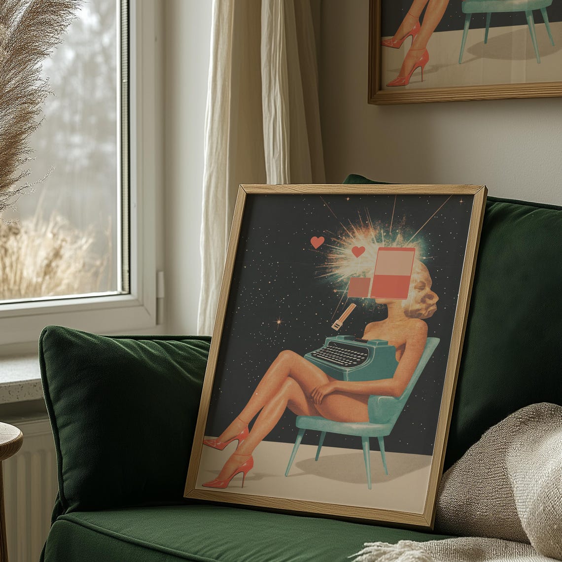 Typewriter Woman Art Print Retro Space Pop Collage Poster - Image 4