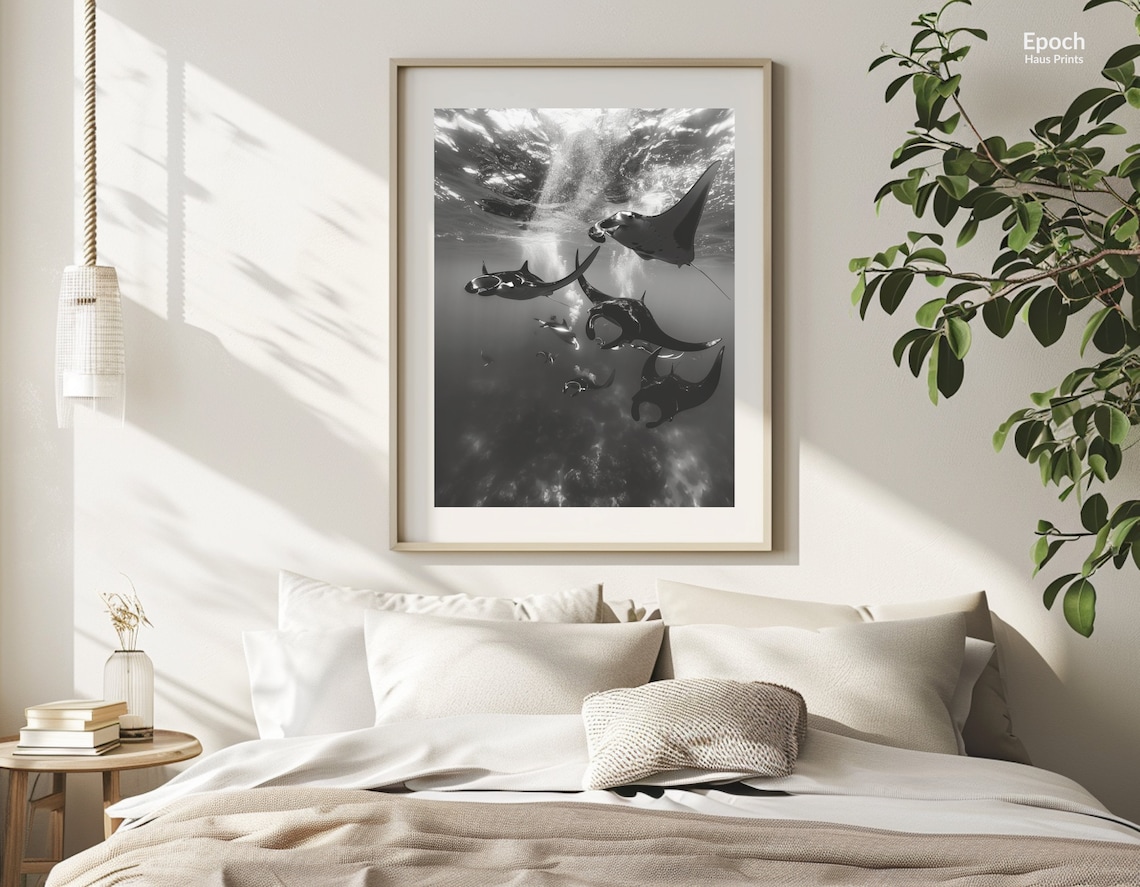 Manta Rays Black And White Photograph, Sea Life - Image 3