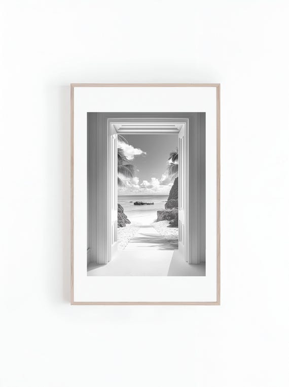 Black And White Photograph Hallway To Beach Wall Arts Large Poster Beach Home Decor Architecture Print Instant