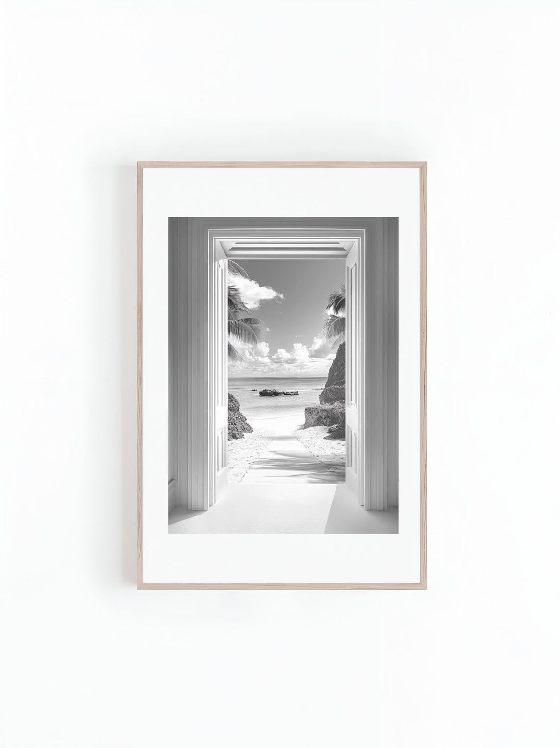 Black And White Photograph Hallway To Beach Wall Arts Large Poster Beach Home Decor Architecture Print Instant