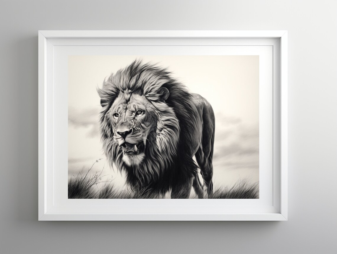 Majestic Lion Walking Through Tall Grass Black And White Poster - Image 2