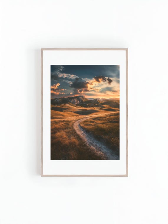Photo Of Sunset On Hills And Mountain Ranges Beautiful Landscape Photo Minimalist Wall Art Print Instant Hiking Trails