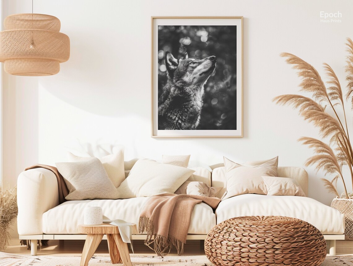 Gray Wolf Gazing Skyward Black And White Wildlife Photo Poster - Image 2