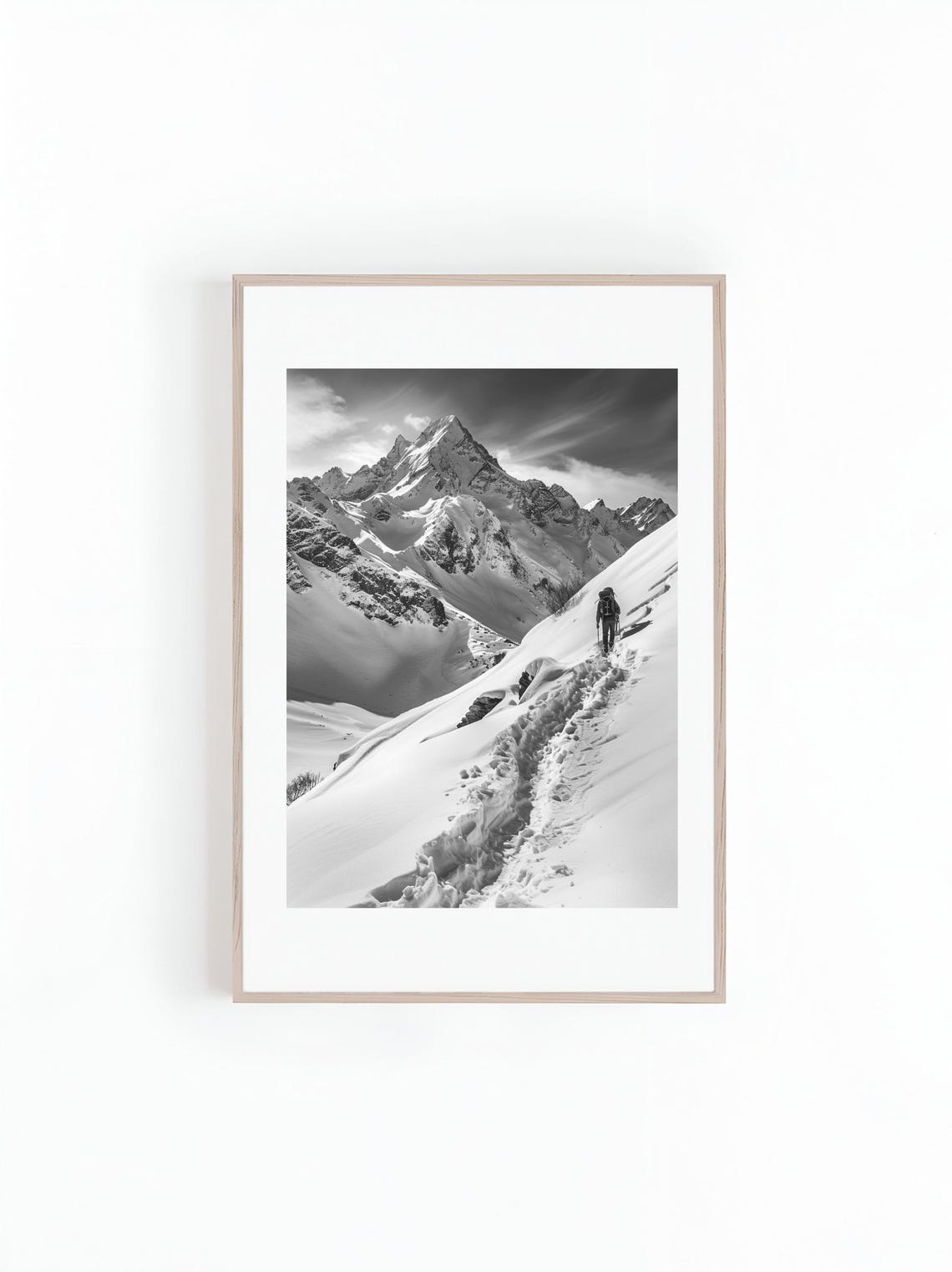 Hiker on Snowy Mountain Ranges, Minimalist Art Print