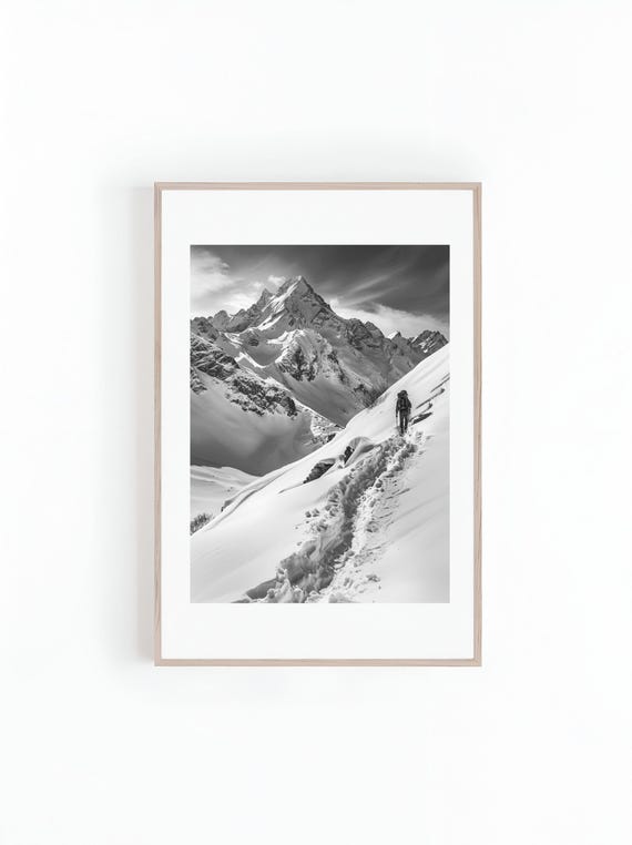 Hiker on Snowy Mountain Ranges, Minimalist Art Print