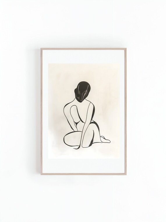 Seated Woman With Bowed Head Minimal Black Line Drawing Art Print