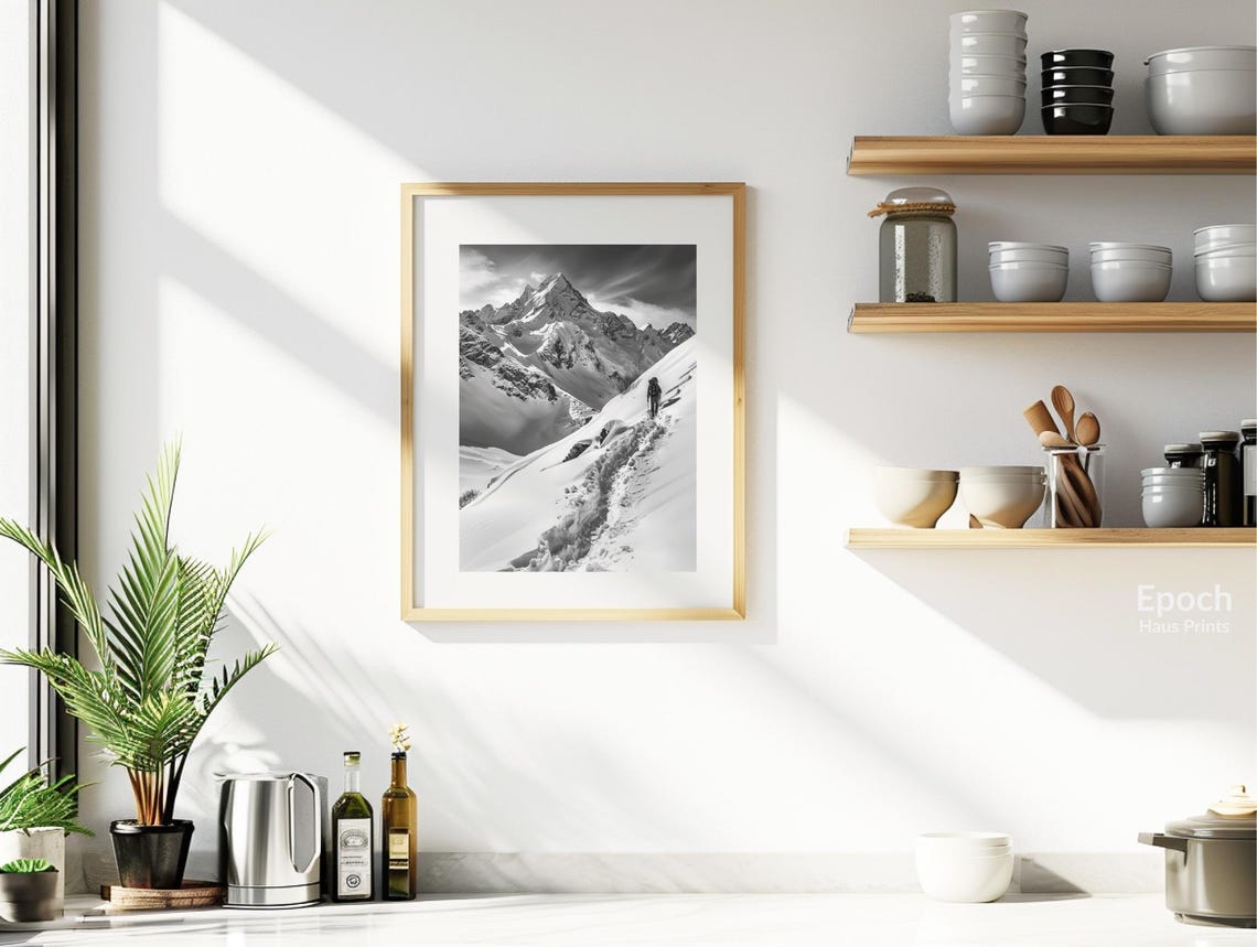 Hiker on Snowy Mountain Ranges, Minimalist Art Print - Image 2
