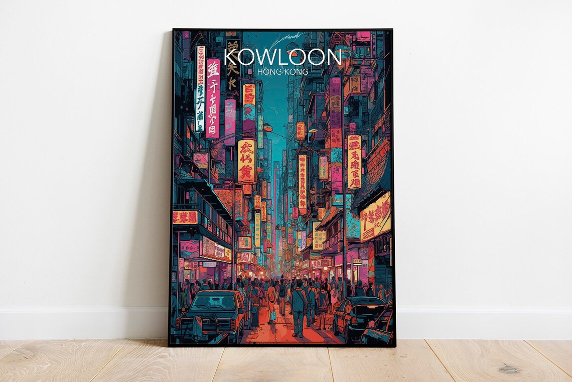 Kowloon Neon Street Night Market Hong Kong Vintage Travel Poster