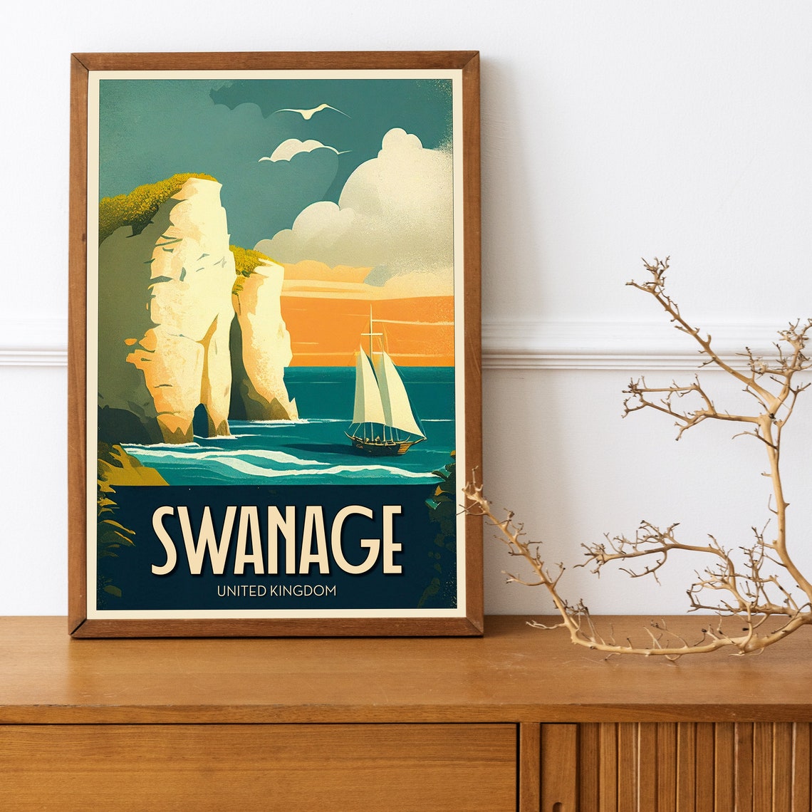 Swanage England Old Harry Rocks Chalk Stacks Vintage Travel Poster