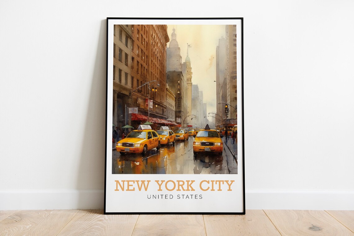 New York City United States Yellow Taxi Street Watercolor Poster
