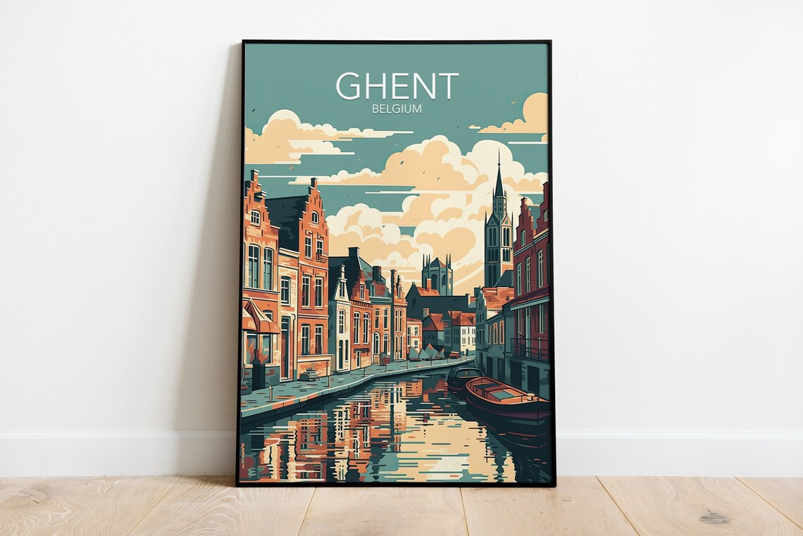 Ghent Belgium Medieval Canal City Reflection Modern Travel Poster