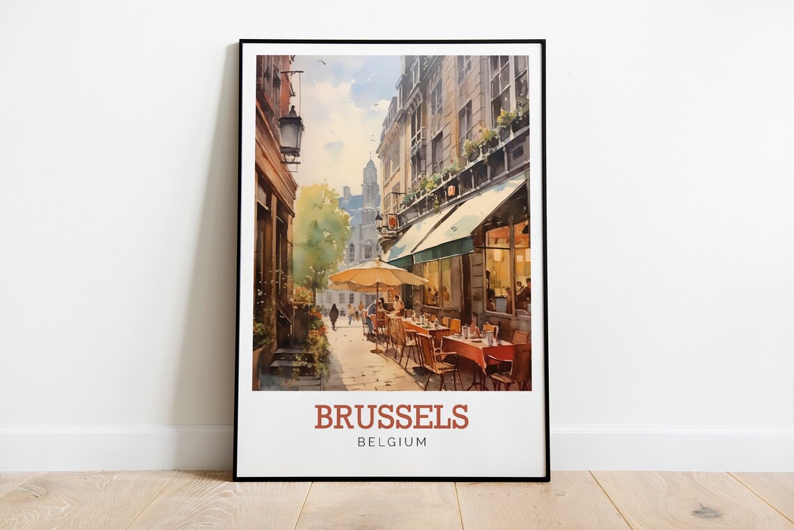 Brussels Belgium Sunny Cafe Terrace Watercolor Travel Art Poster - Image 2