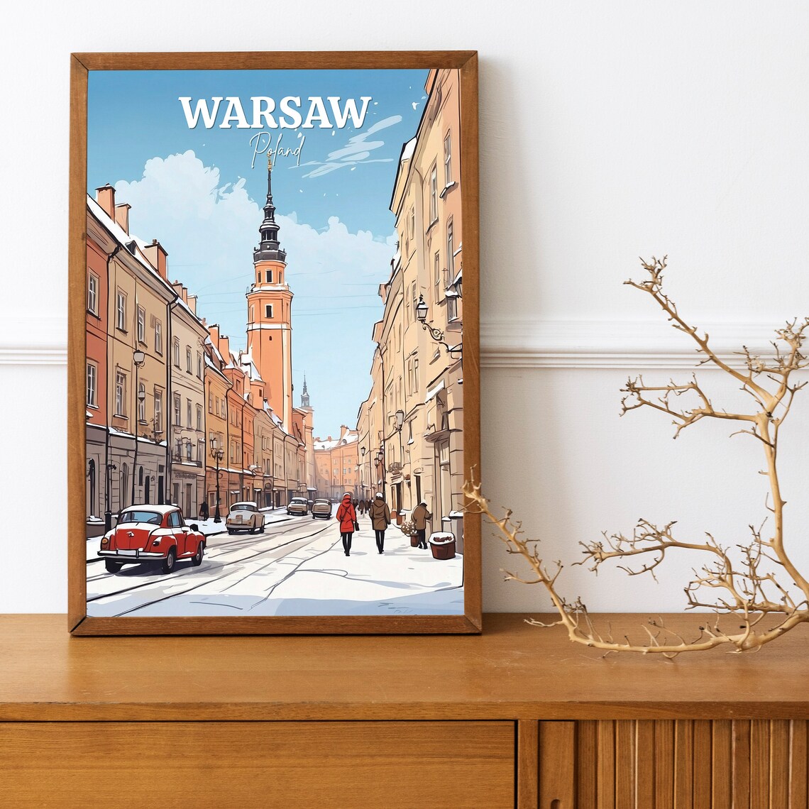 Warsaw Poland Snowy Old Town Street Winter City Travel Scene Poster - Image 3