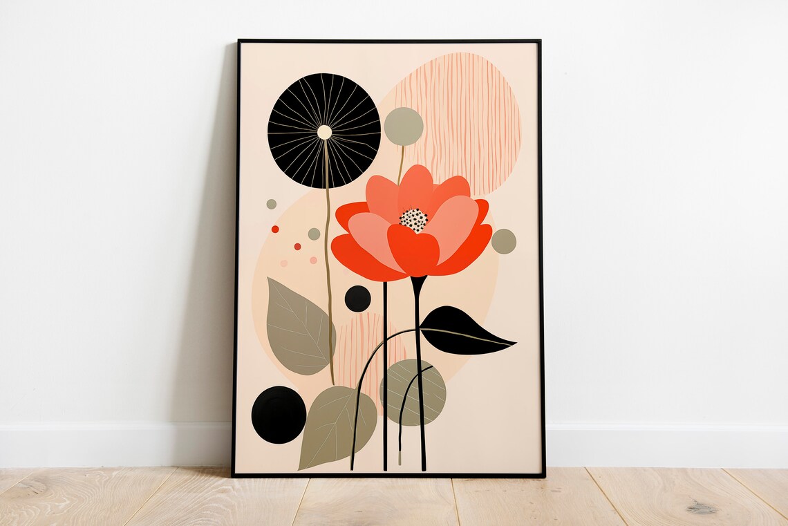 Boho Coral Flower Abstract Black Sunburst Sage Botanical Art Poster - Image 2