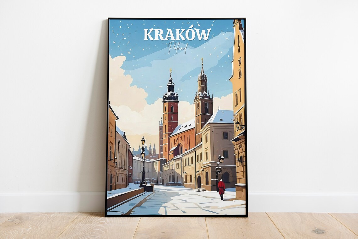 Krakow Poland Old Town Church Towers Snow Winter Travel Scene Poster