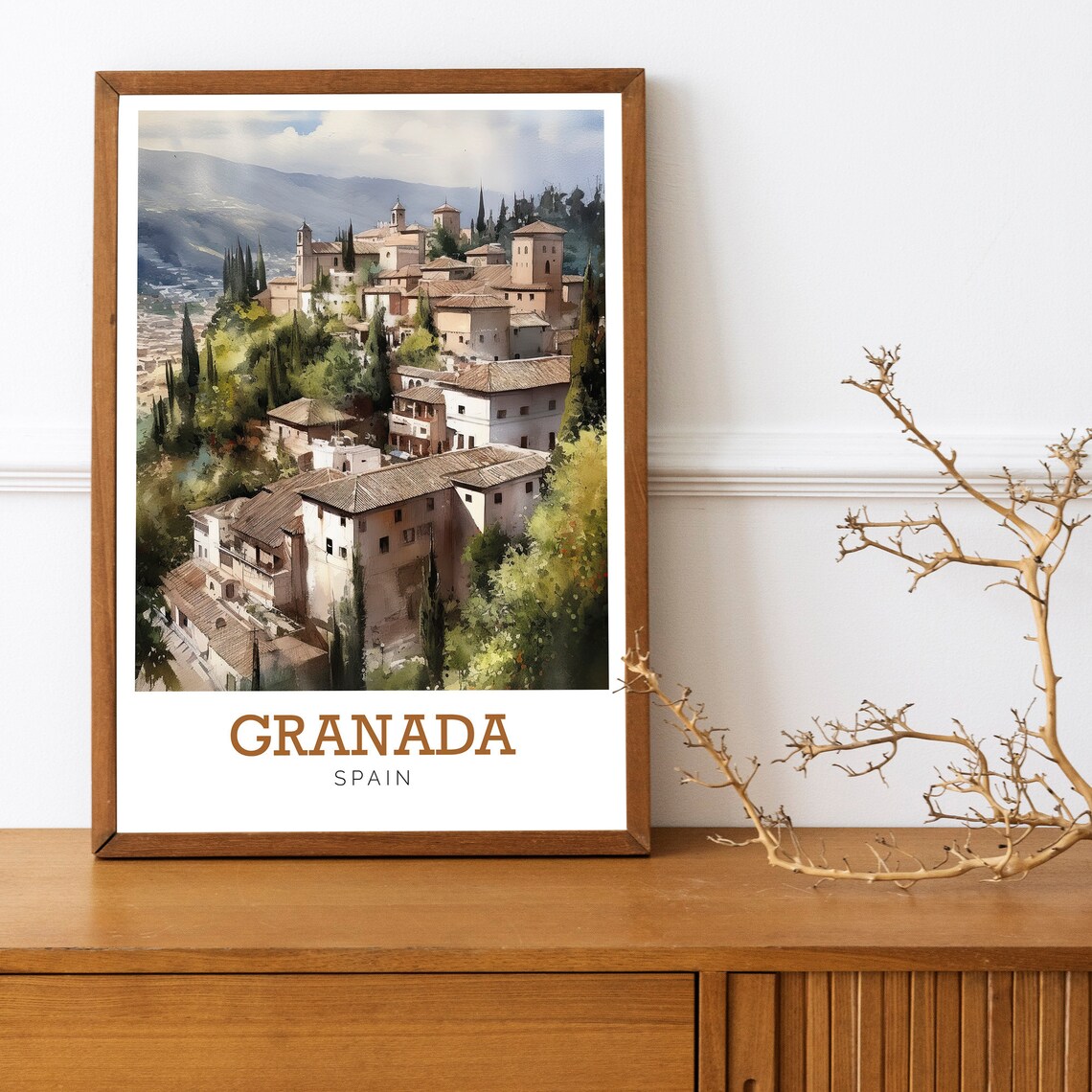 Granada Spain Historic Old Town Watercolor Travel Panoramic Poster - Image 2