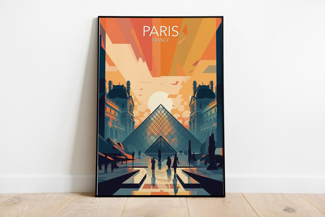 Paris France Louvre Pyramid Golden Sunset Geometric Art Poster